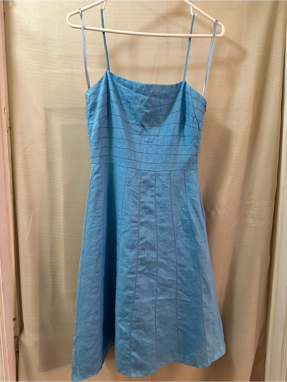 Ann Taylor Y2K Blue Linen Spaghetti Strap Mini Dress Size 0 A-Line Summer